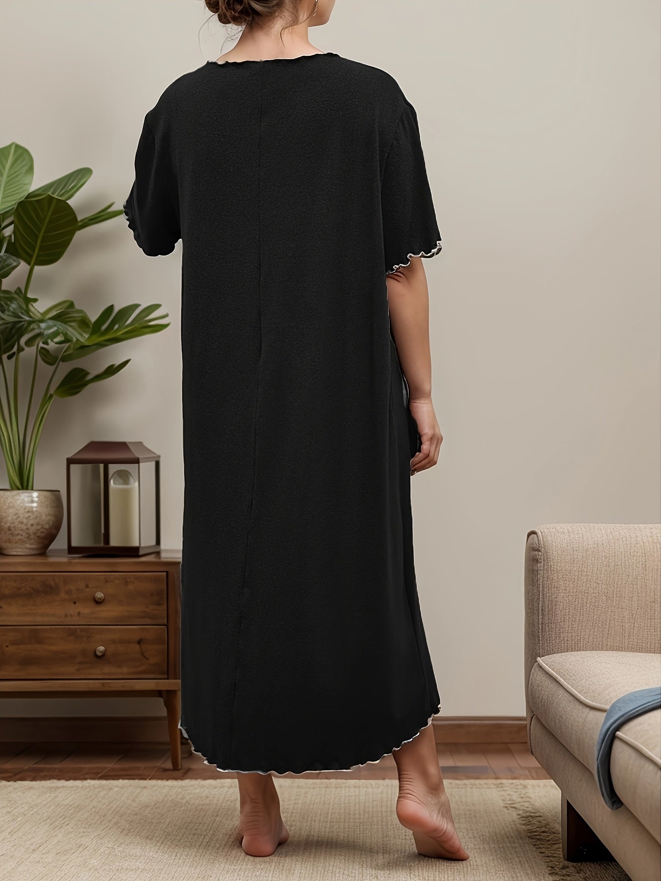 Plus Size Casual Sleep Dress with Bow Decor Short Sleeves V Neck Nightwear for Women