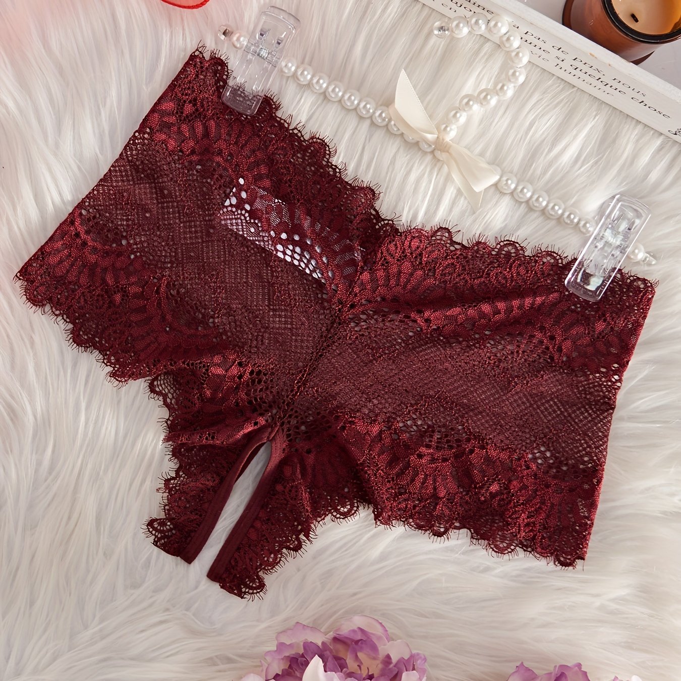 Women's Sheer Nylon Blend Lace Panties Mid-Rise Crotchless Lingerie