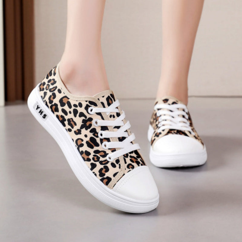 Women's Leopard Print Canvas Sneakers Casual Low Top Shoes Breathable Rubber Sole