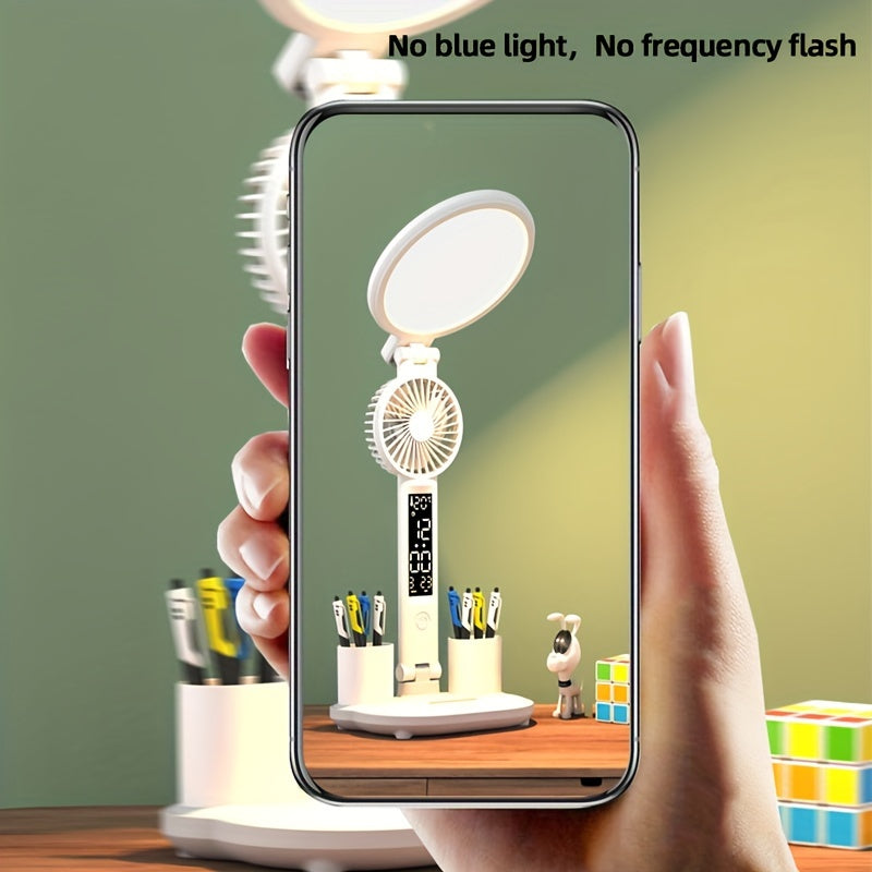 LED Desk Lamp with Eye Protection, Touch Control, Foldable Design, Built-in Fan for Reading in Bed