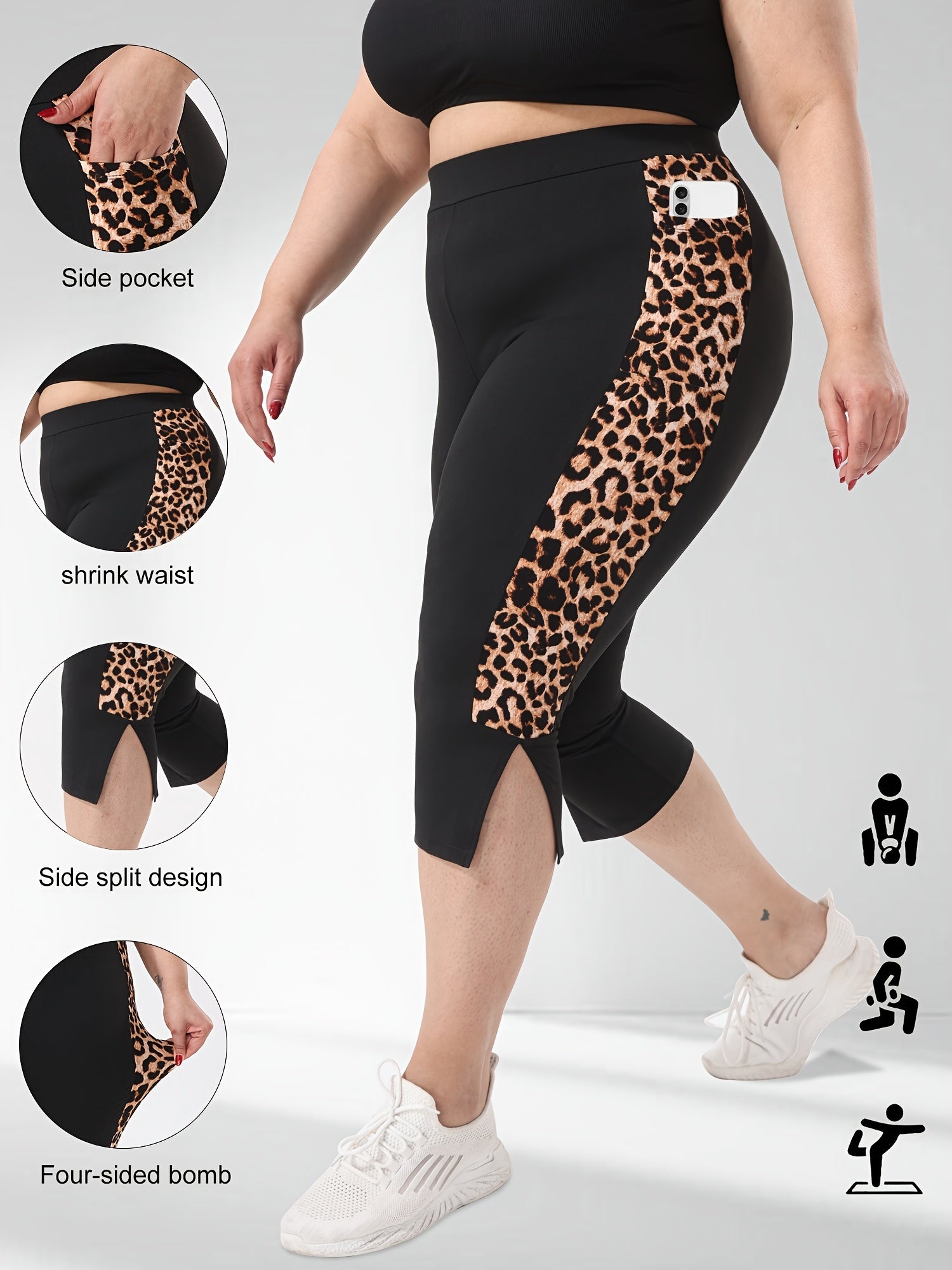 Women's Leopard Print High-Waist Capri Leggings with Pockets, Plus Size