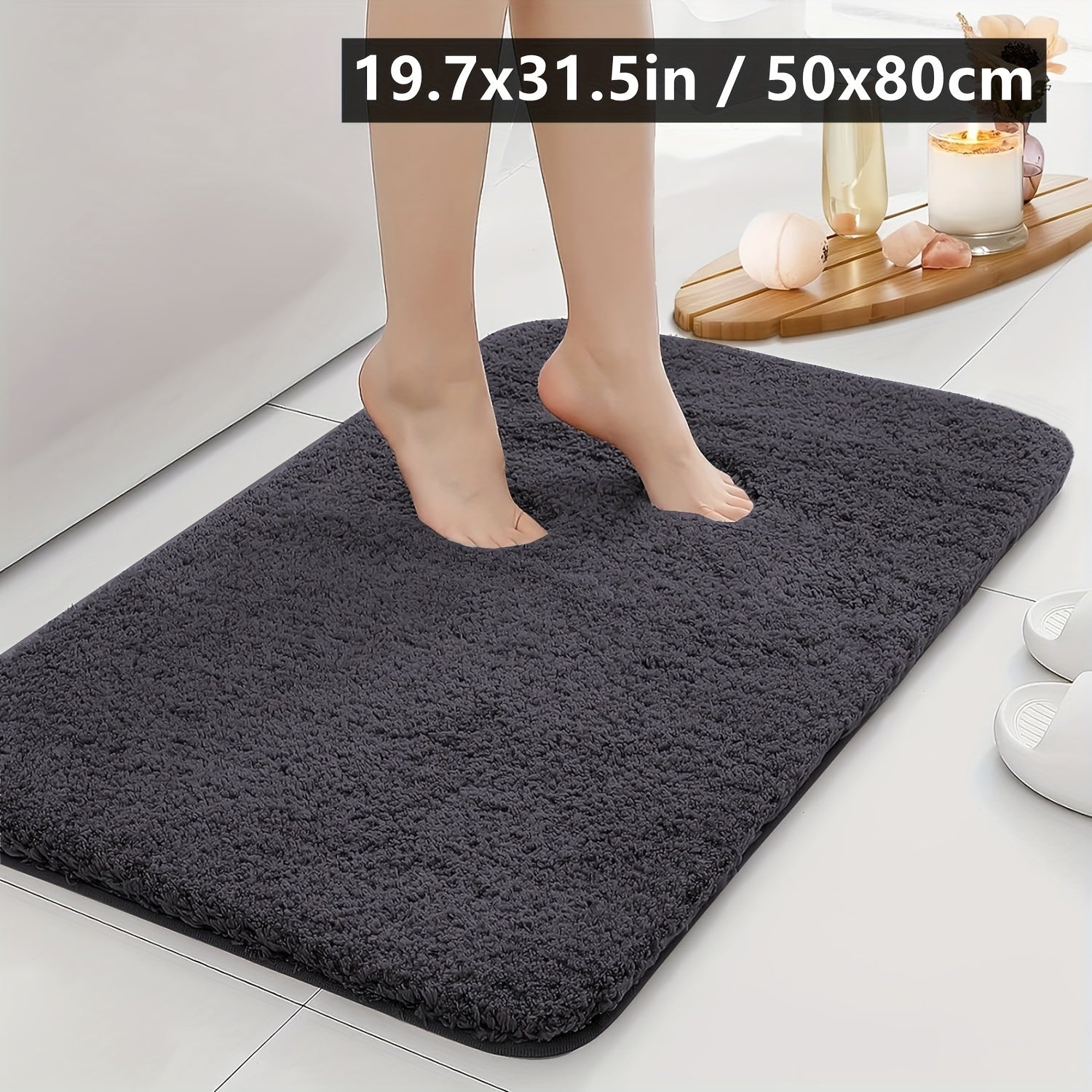 Plush Bathroom Mat Non-Slip Soft Polyester Rectangular Rug