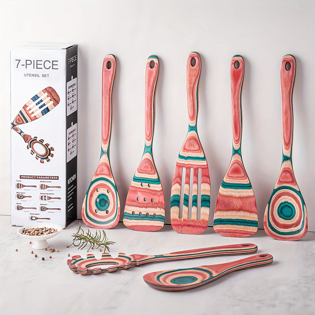 Pink Wooden Kitchen Utensil Set 7-Piece Non-Stick Heat-Resistant Cooking Tools