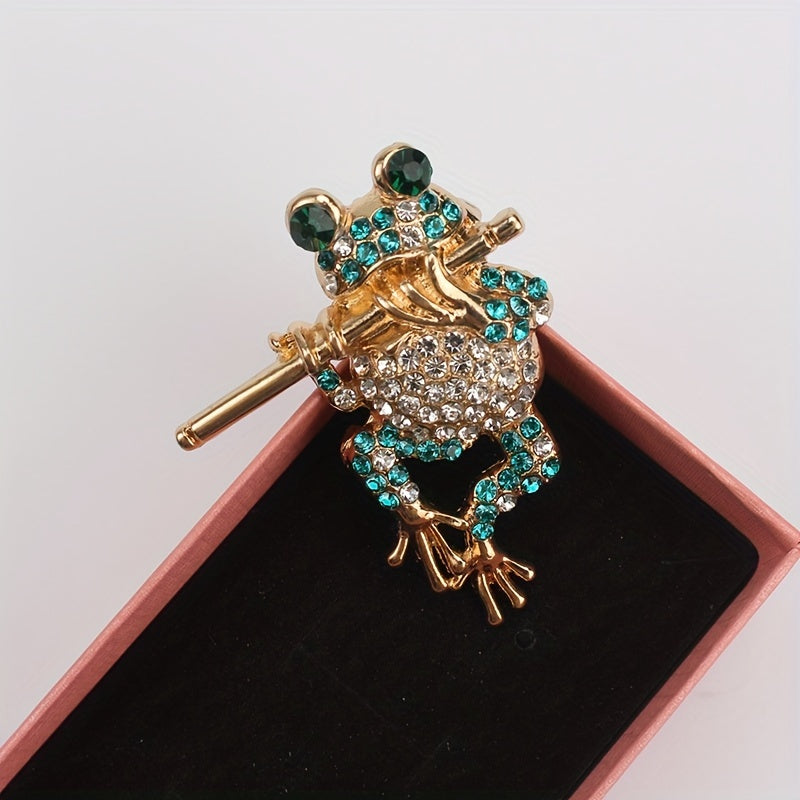 Women's Rhinestone Frog Brooch with Flute Jewelry Accessory