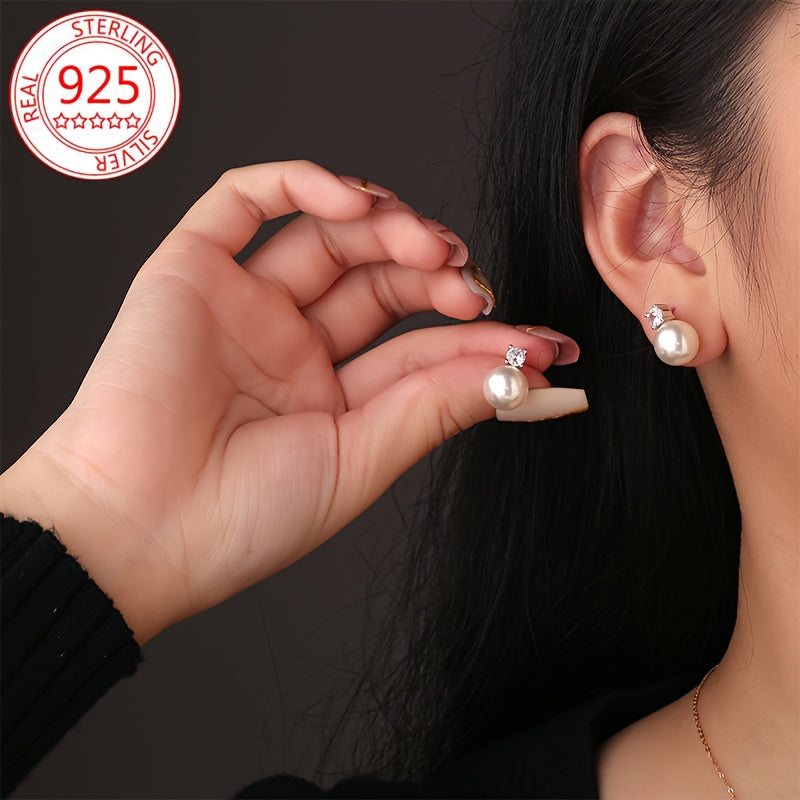 Sterling Silver Stud Earrings with Moissanite and Freshwater Pearl for Women