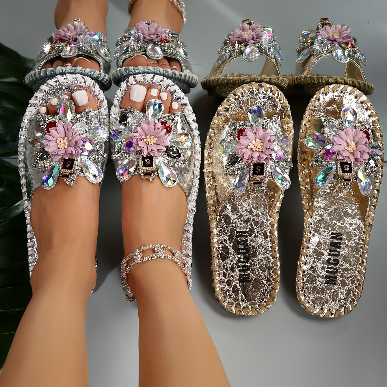 Floral Rhinestone Sandals Women Open Toe Strappy Flat Summer