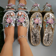 Floral Rhinestone Sandals Women Open Toe Strappy Flat Summer