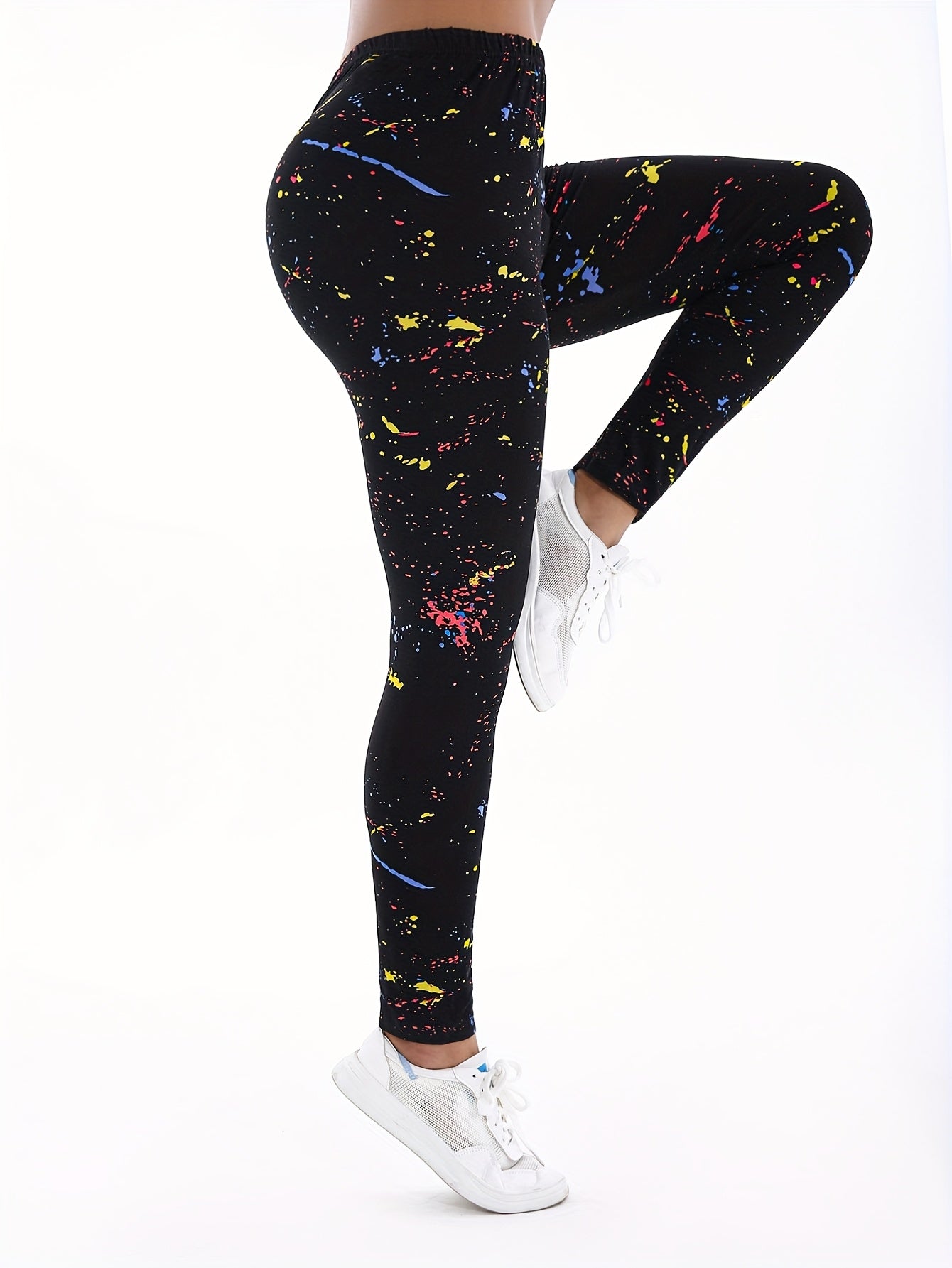 Plus Size High-Waisted Yoga Pants Black Graffiti Tie-Dye 4-Way Stretch Workout Leggings