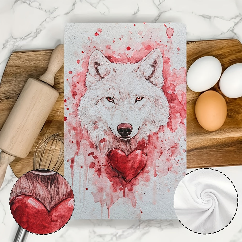 Qizil yurak bilan Valentine’s Day Wolfy dizayni bilan 2 ta oq oshxona sochiq to'plami