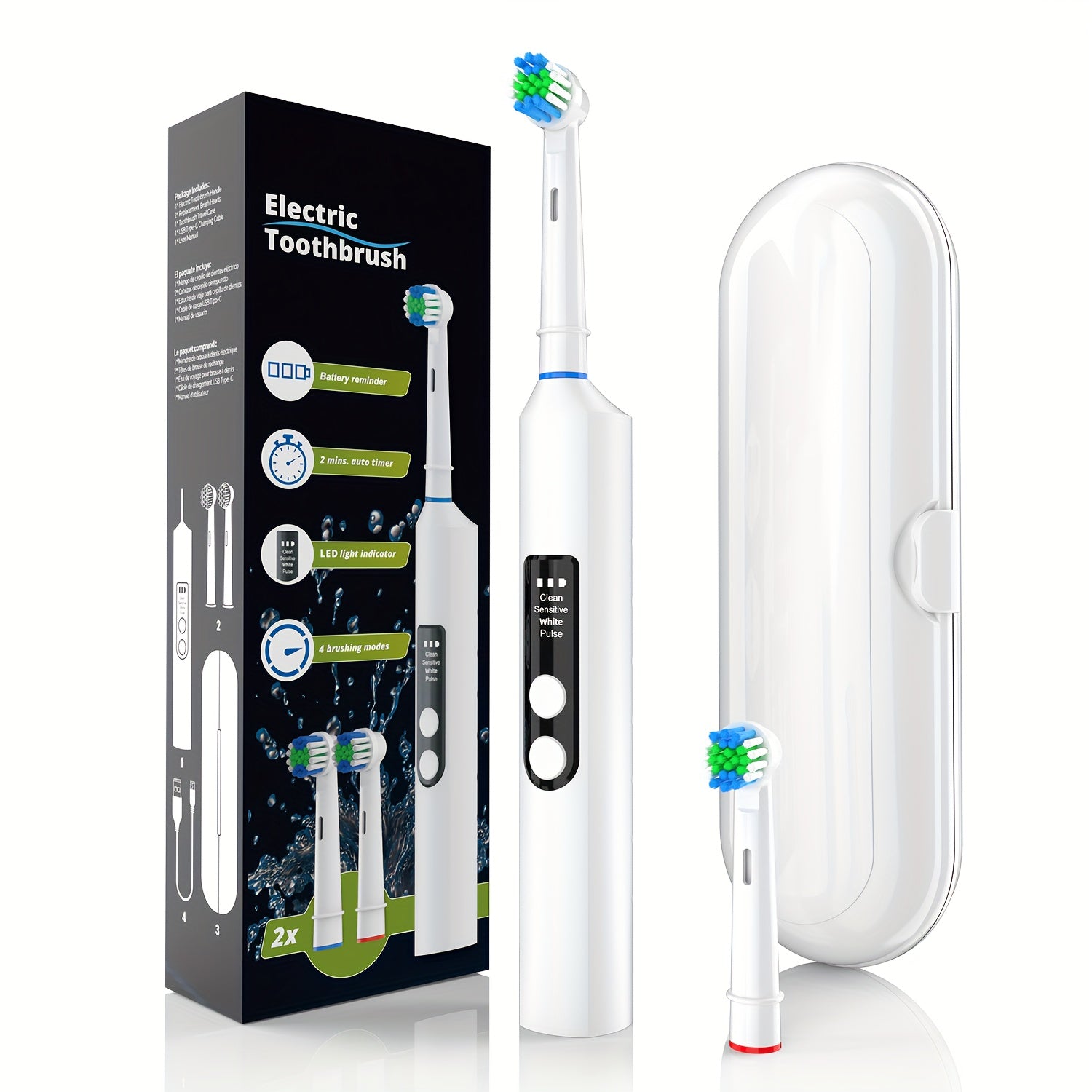 Adult 3D Electric Toothbrush Soft Bristle Rotating Oral Care with 2 Brush Heads