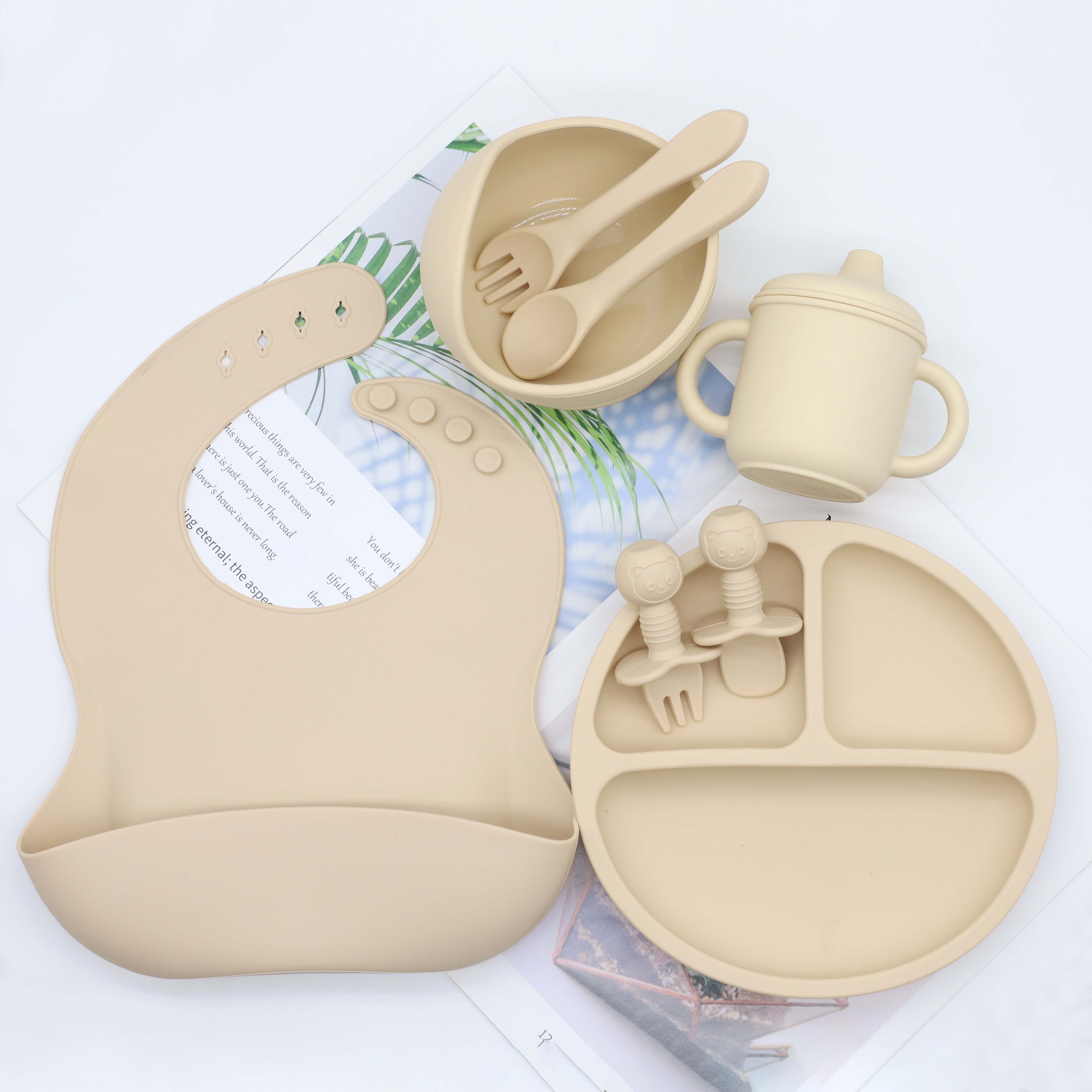 Set of 8 Food Grade Silicone Baby Tableware Including Bib Plate Bowl Cup Spoon Fork Gift
