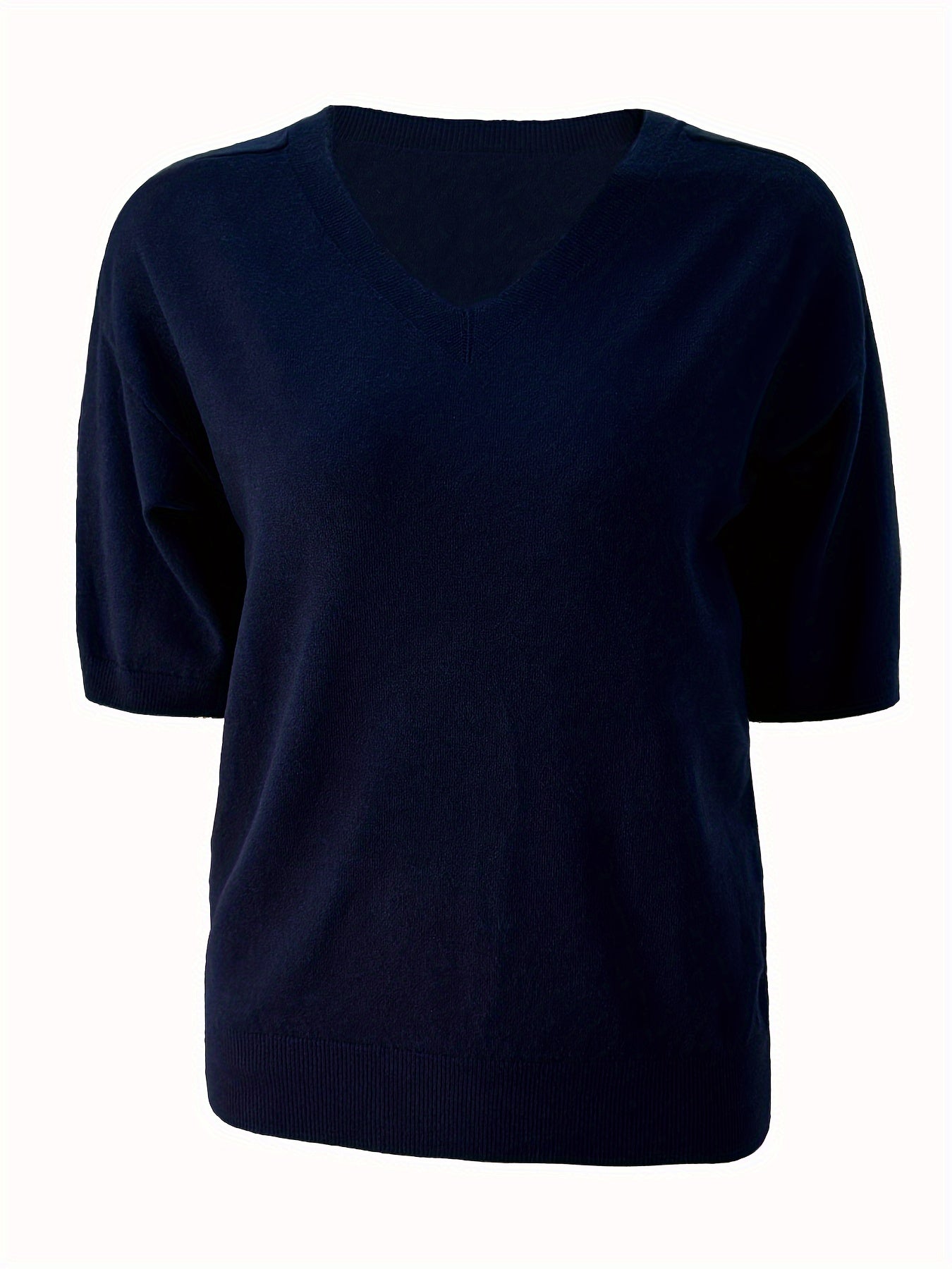 Yoz va bahor uchun bir rangli qisqa qo'lqonli V-yuqori sviter. Ayollar uchun tasodifiy kiyimlar.