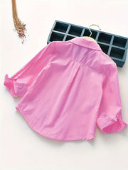 Girls Cotton Shirt with Embroidery, Long Sleeves, Ruffled Cuffs, Spring Fall Casual
