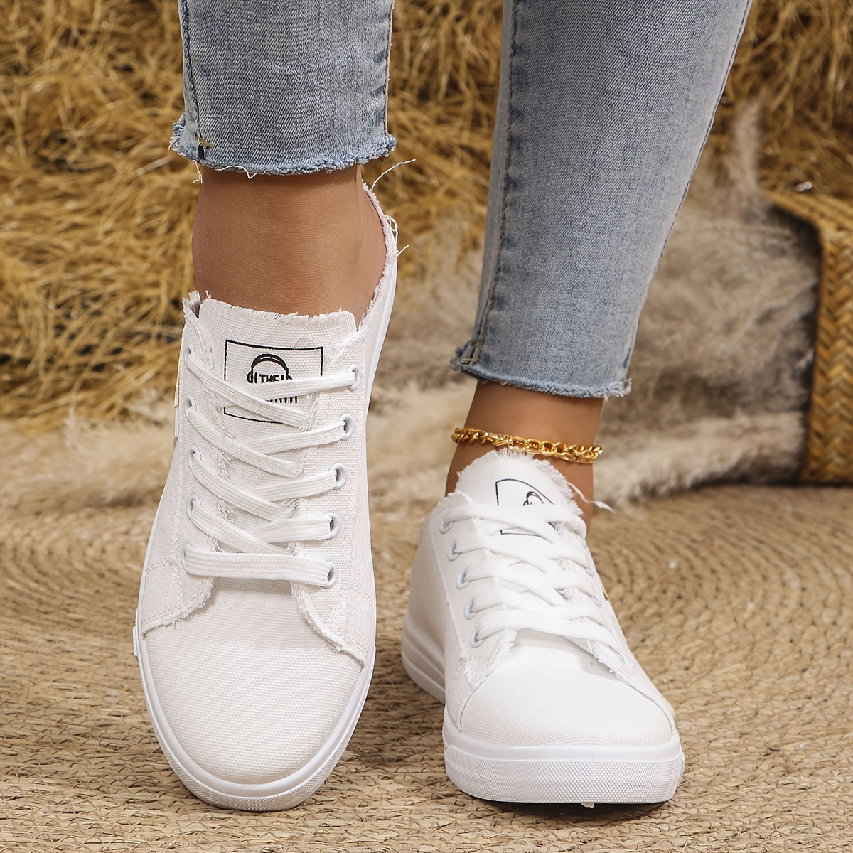 Women's Casual White Fabric Sneakers with Soft Sole and Round Toe