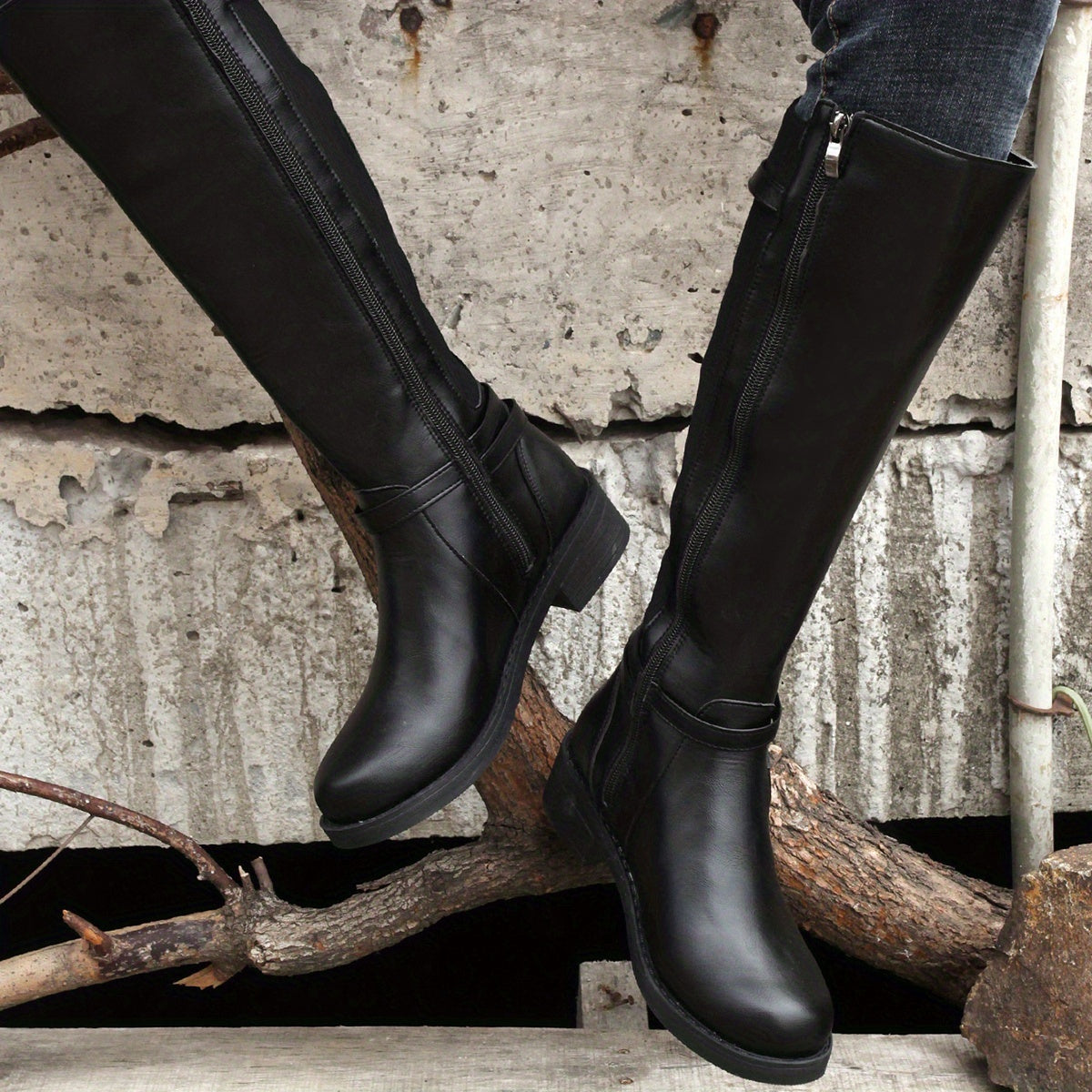 Women's Black Knee-High Riding Boots with Zipper Pointed Toe Low Heel
