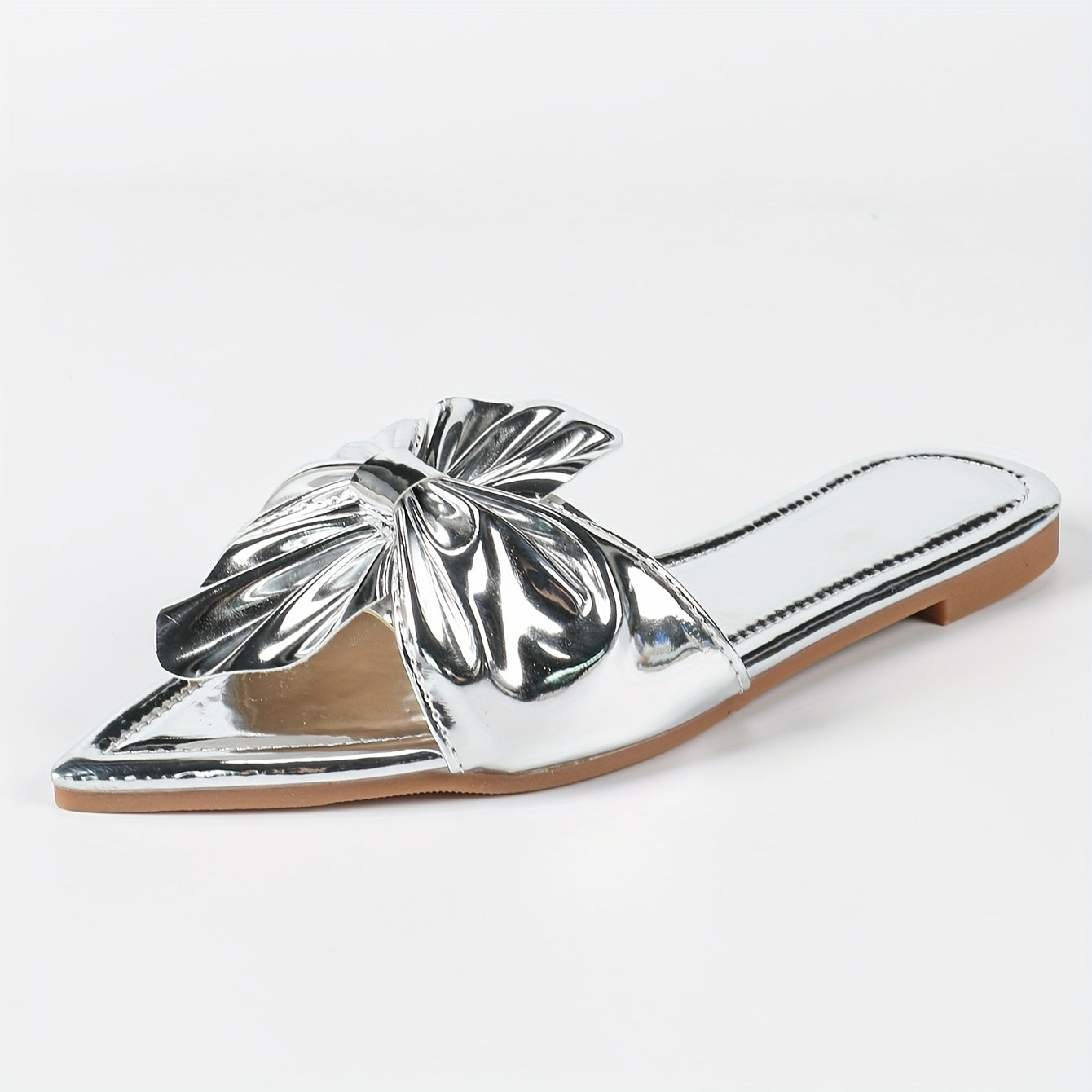 Women Metallic Slip-On Mules with Floral Bow Pointed Toe Flats