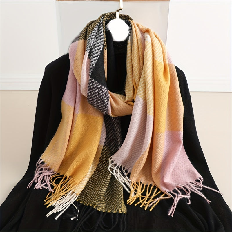Chal con flecos para otoño e invierno, unisex, de imitación cachemira a cuadros