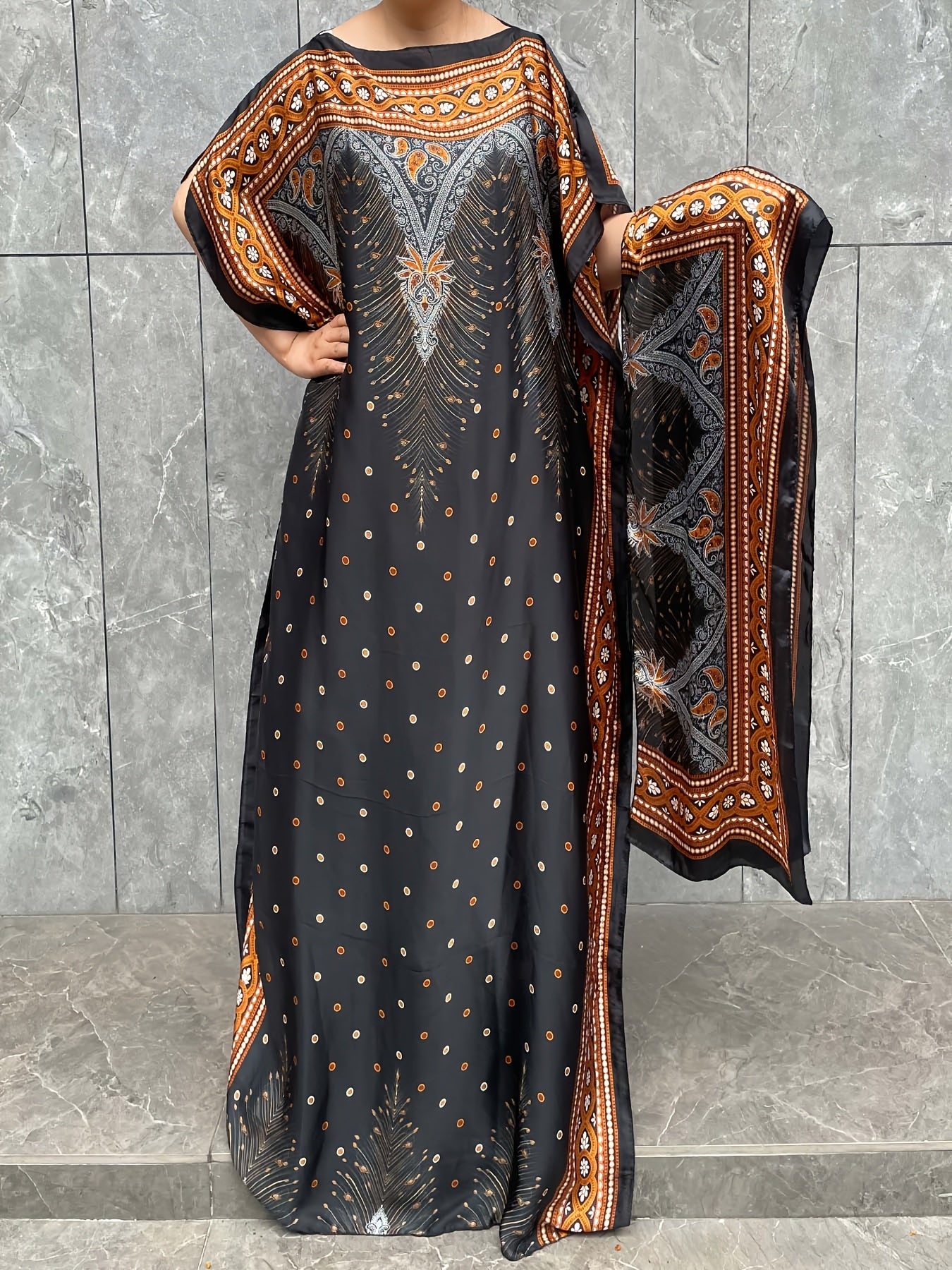 Plus Size Floral Kaftan Dress Longline Batwing Sleeve Lightweight Polyester