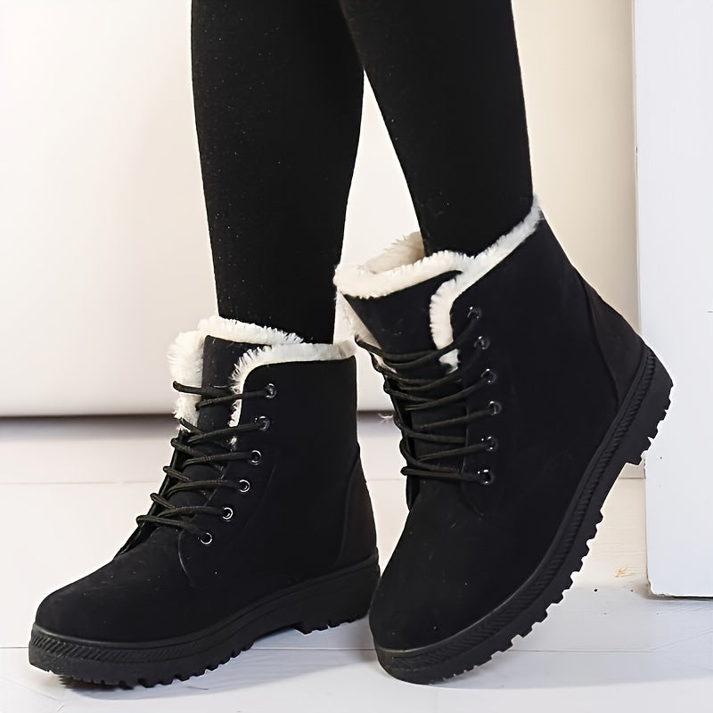 Women's Solid Color Short Boots Casual Lace-Up Plush Lined Winter Ankle Boots