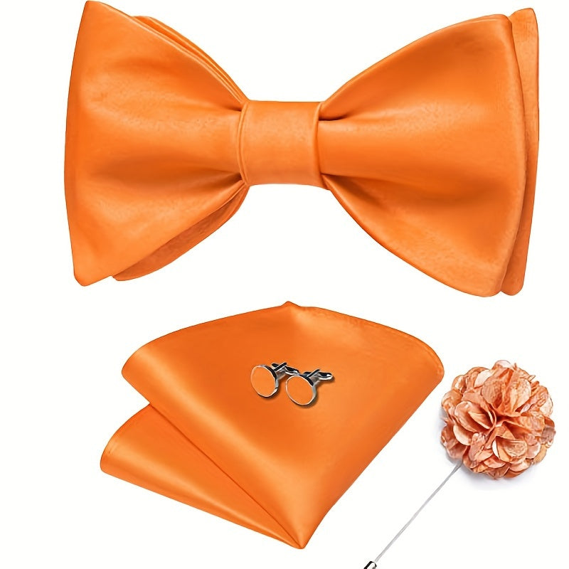 Men's 4-Piece Suit Accessory Set Silk Bow Tie Flower Lapel Pin Cufflinks Handkerchief for Weddings