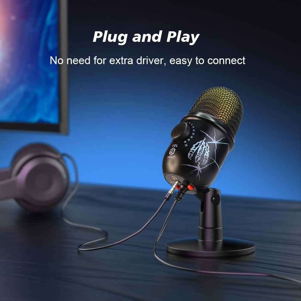 USB Condenser Microphone with RGB Lighting Noise Reduction Volume Control for Gaming Streaming Singing Video Conferencing