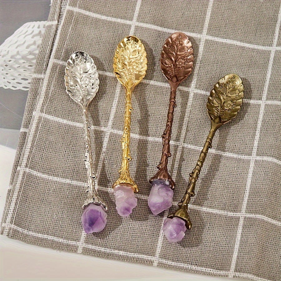 Set of Four Natural Amethyst Spoons with Tooth Flower Pattern for Desserts and Coffee