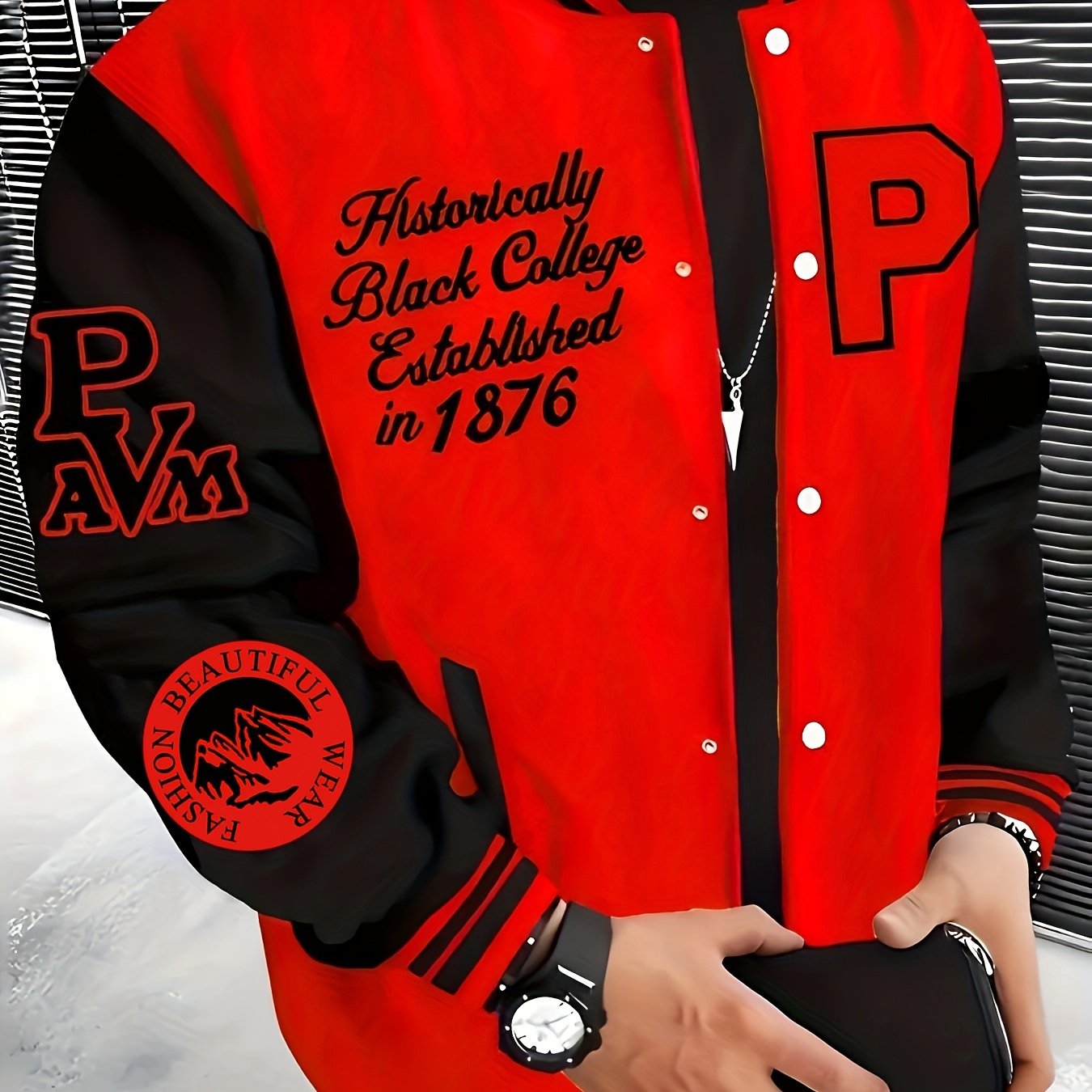 Men's Varsity Jacket in Black and Beige Polyester Snap Closure Baseball Collar Plus Size