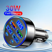 6-в-1 автомобильное зарядное устройство с цифровым дисплеем, многофункциональное, быстрая зарядка