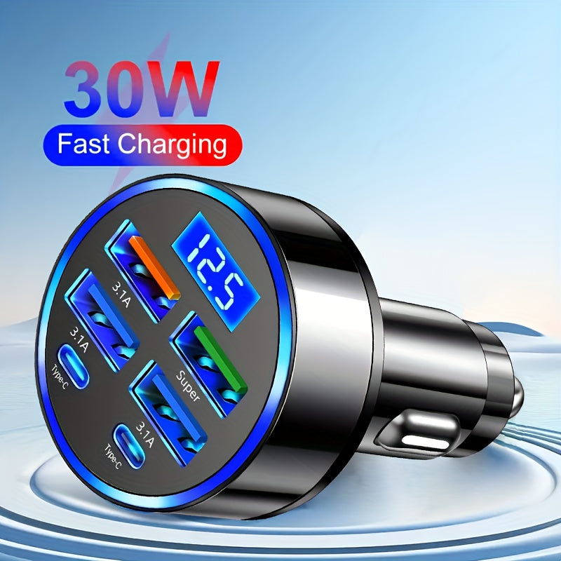6-в-1 автомобильное зарядное устройство с цифровым дисплеем, многофункциональное, быстрая зарядка