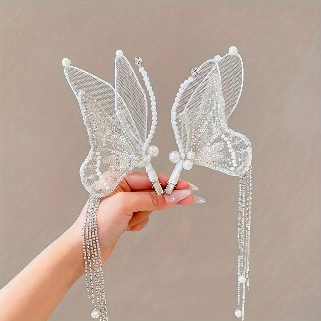 Women's Embroidered Butterfly Wing Hair Clips with Faux Pearl Tassel and Non-Slip Duck-Billed Clamp