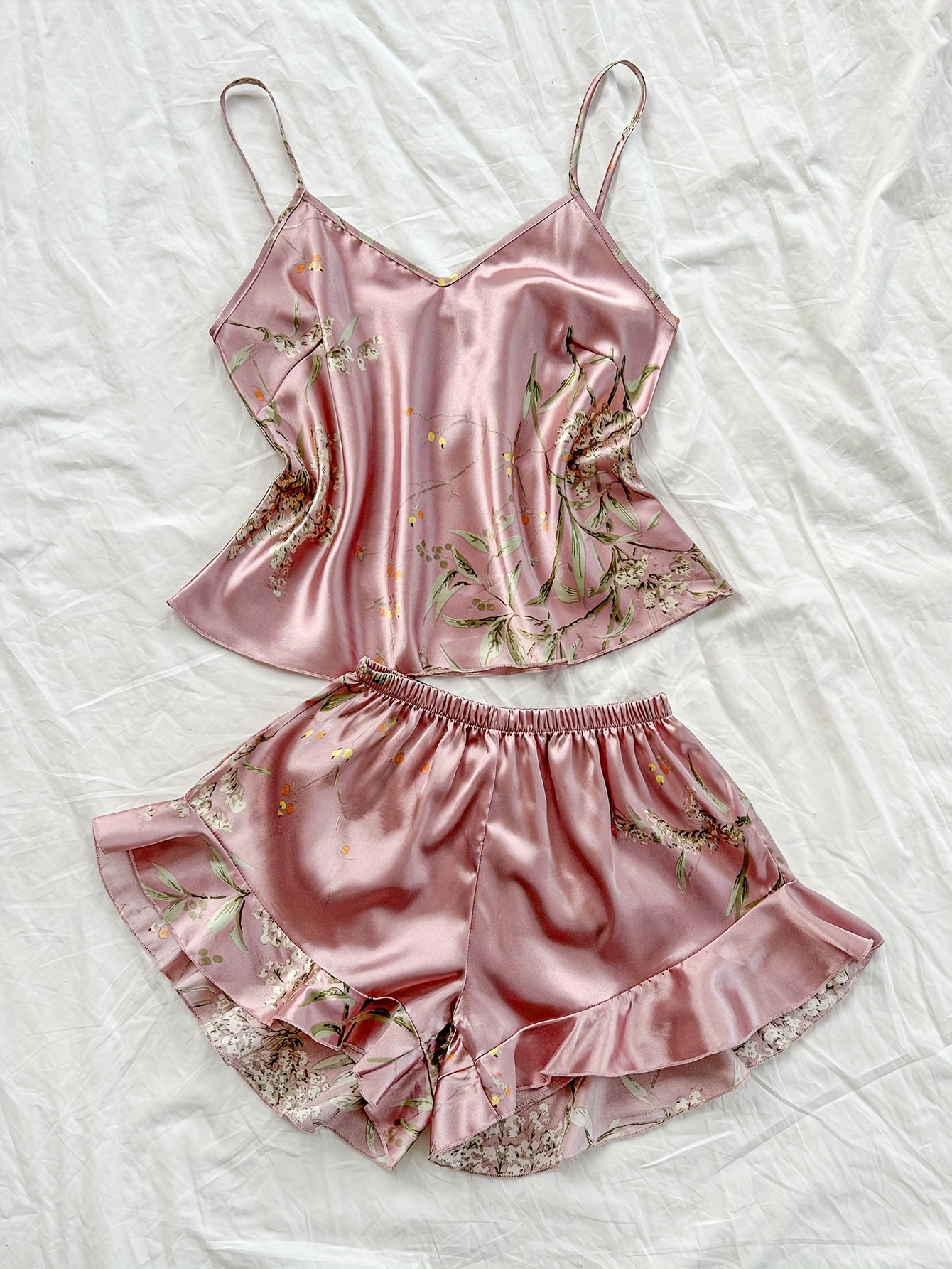 Conjunto de pijama de satén con estampado de cerezas para mujer, talla grande, camisón y pantalones cortos