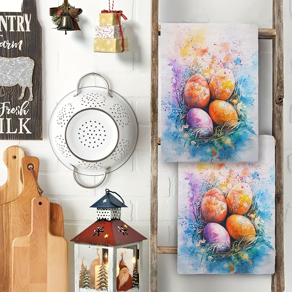 2 Pack Easter Kitchen Towels Watercolor Eggs Absorbent Machine Washable 40x60 cm