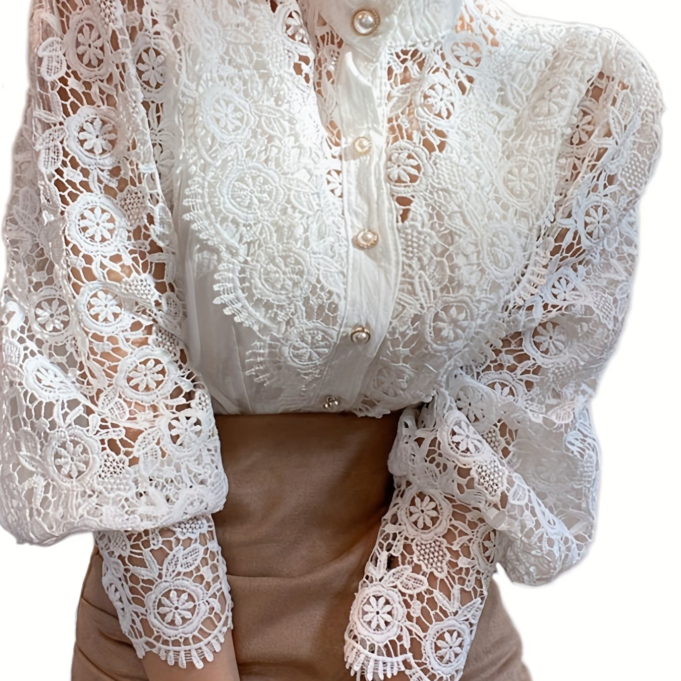Victorian Lace Blouse for Women with Pearl Buttons Floral Pattern Long Sleeve Woven Cotton Polyester Top