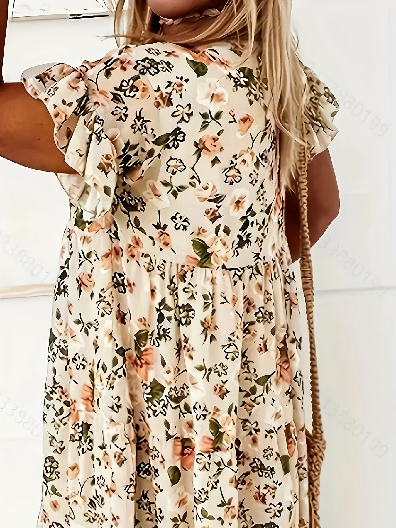 Plus Size Navy Blue Floral Print Dress with Ruffle Detail for Spring and Summer