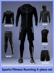 Men's Athletic Set Hooded Zip-Up Jacket Printed Sports Vest Compression Long Sleeve Top Shorts Leggings High Stretch Knit
