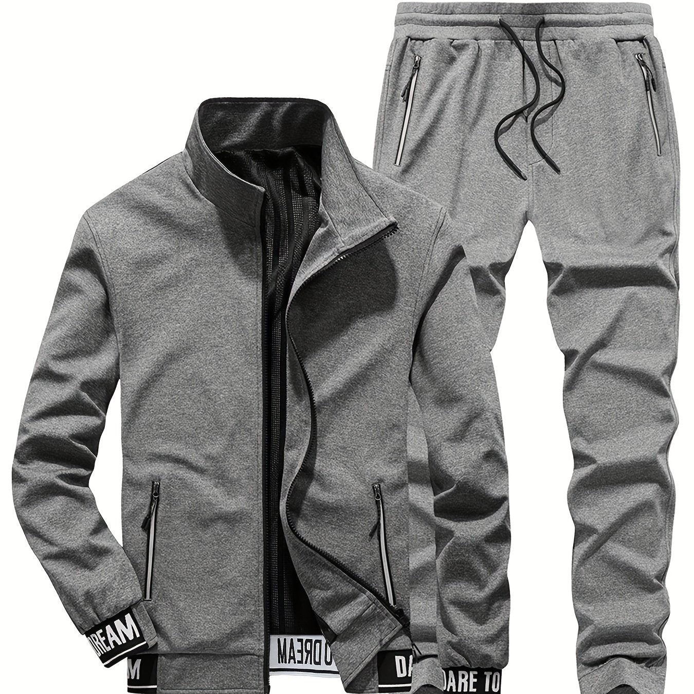 Men's Polyester Knit Casual Sportswear Set with Pockets and Collared Neck for Fall Winter