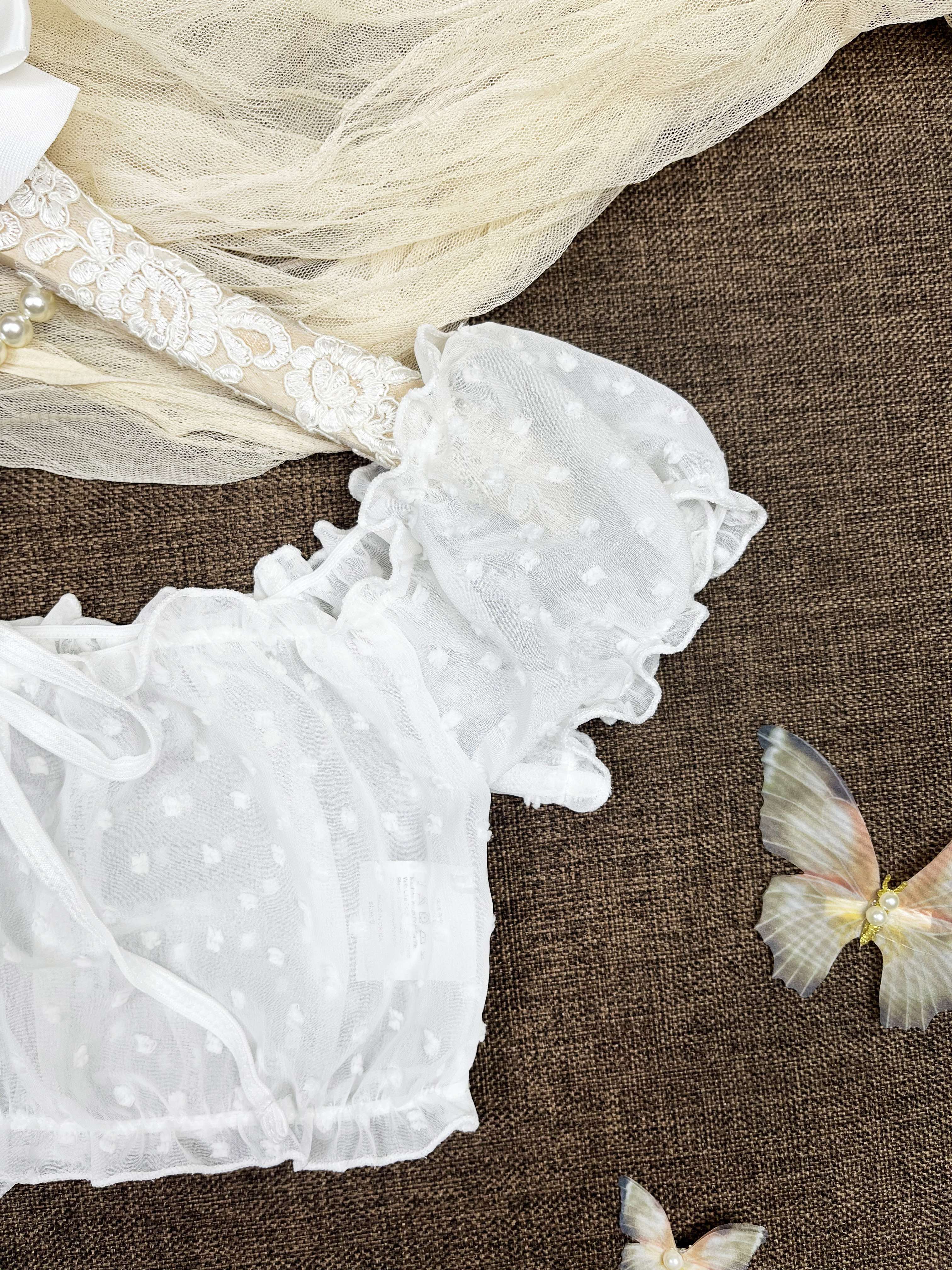 Women's Polka Dot Lingerie Set with Off-Shoulder Tie-Up Top and Thong in Breathable Mesh