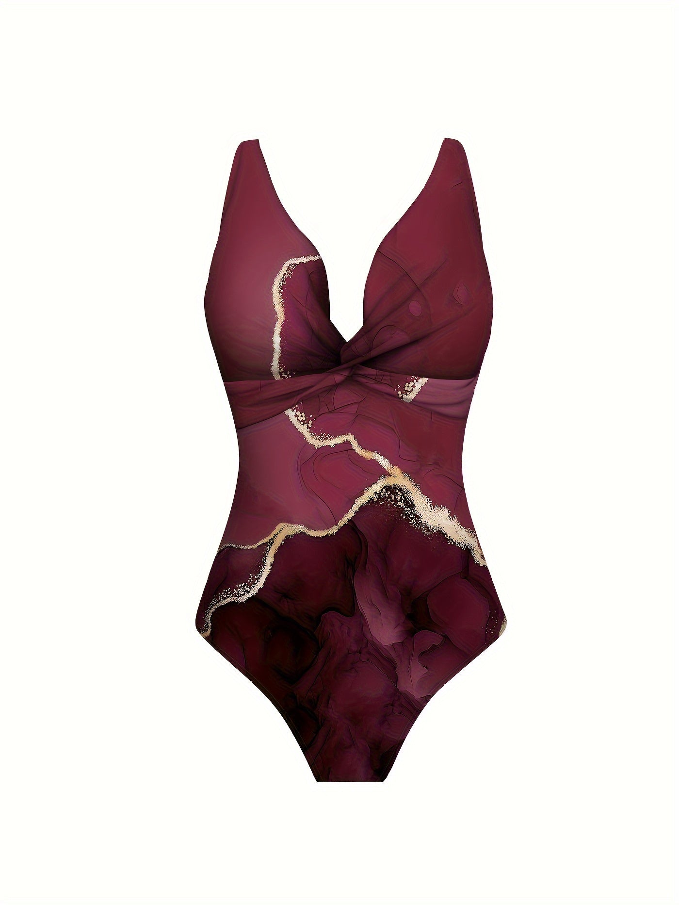 Deep Red Printed Two-Piece Beachwear Set with Crisscross One-Piece and Tie-Waist Skirt