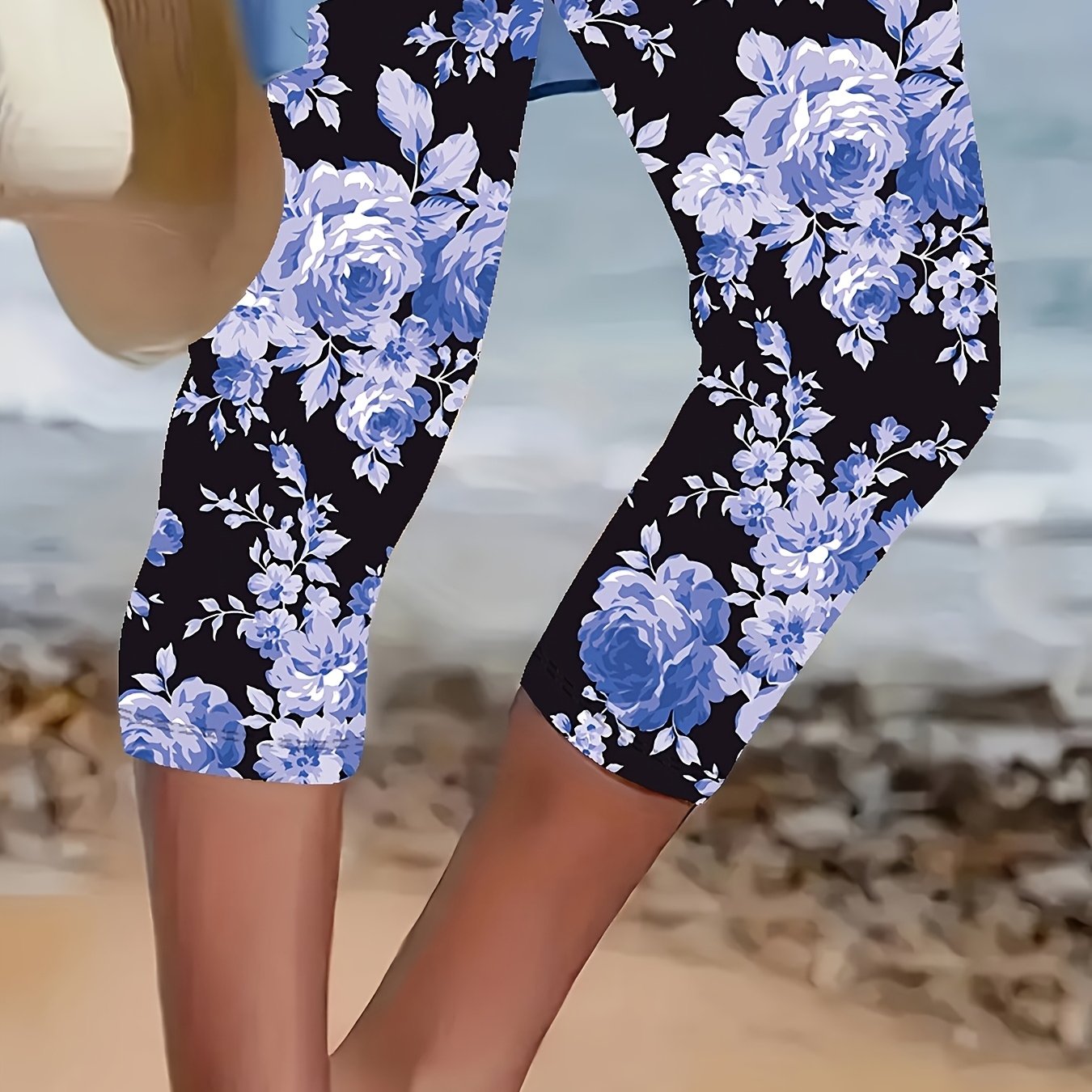 Women's Black Floral Print Slim-Fit Capri Pants with Blue Roses