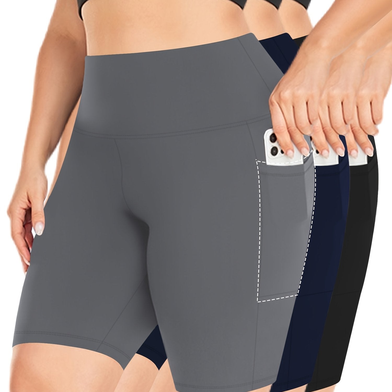 Plus Size High-Waist Stretch Shorts with Pockets Polyester Blend 3-Pack