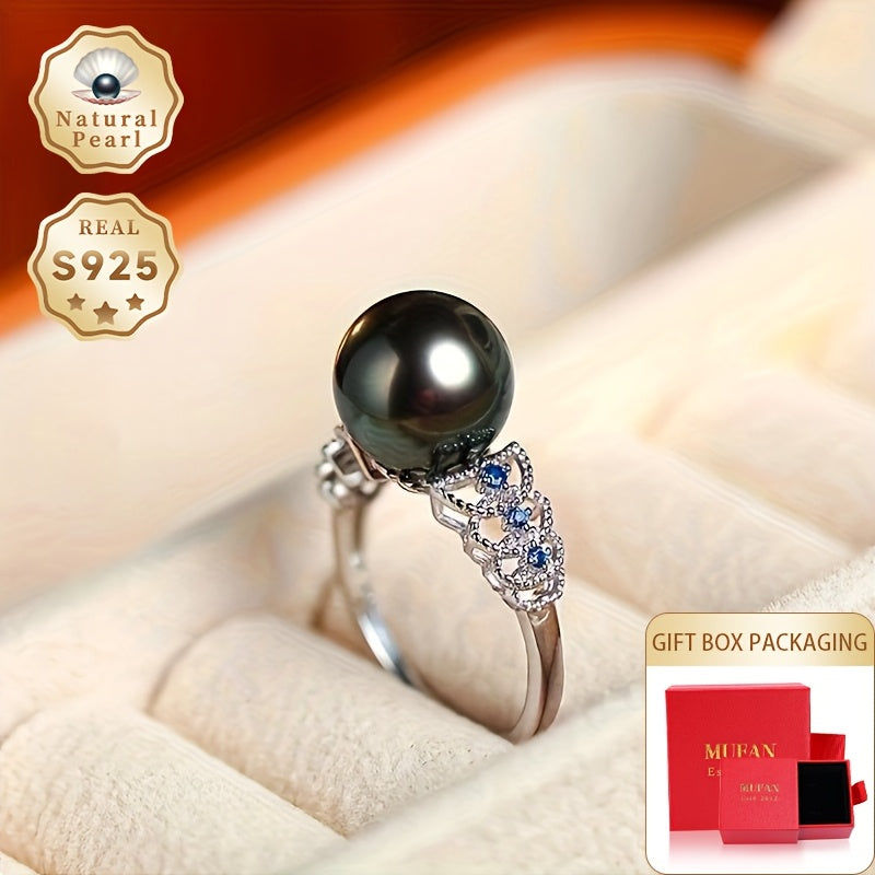Vintage Sterling Silver Cuff Ring with Tahitian Black Saltwater Pearl and Zirconia