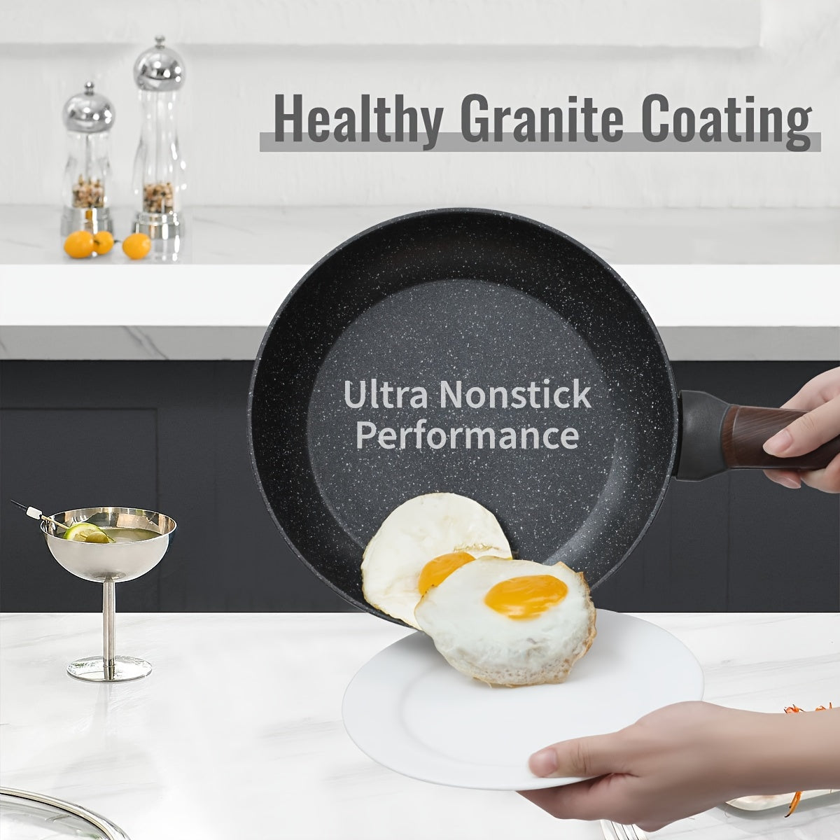 Yuqori sifatli Nonstick Granite Skillet - PFOAsiz, Induksion plitkalariga mos, tuxum va omlet pishirish uchun ideal, idish yuvishda oson tozalanadi, Silikon tutqich bilan jihozlangan - turli o'lchamlarda mavjud (20.32cm/22.1cm/24.13cm/25.4cm/27.94cm)