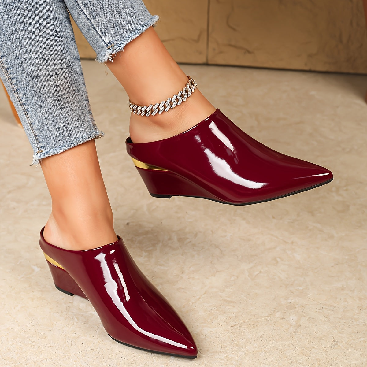 Women's Retro Metal Wedge Heels Pointed Toe Open Back Casual Flats