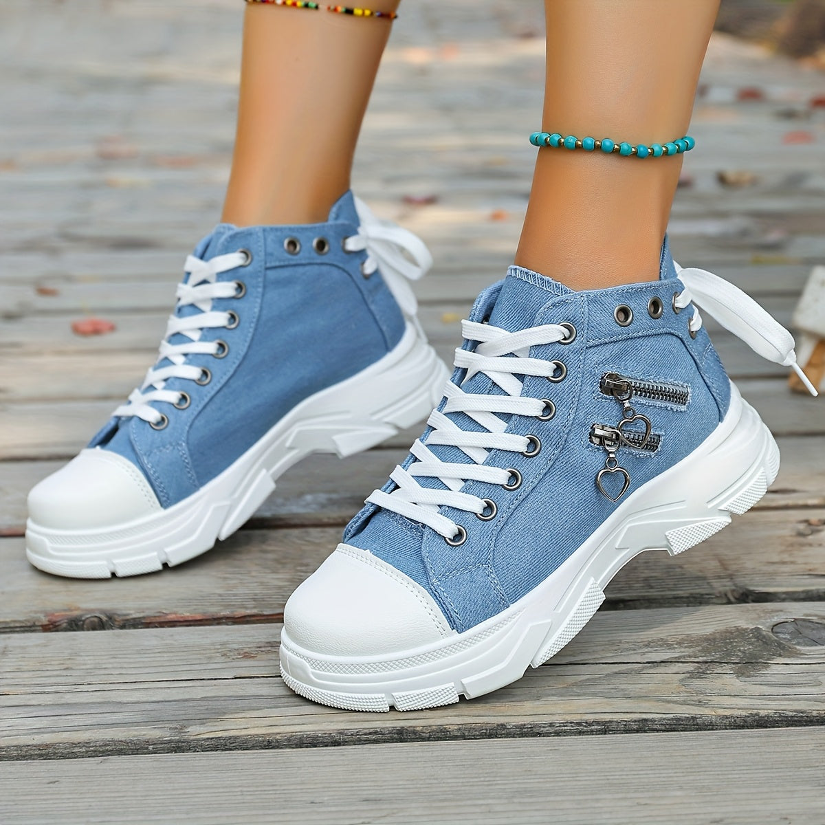 Men's Casual High-Top Sneakers Blue Denim Lace-Up Rubber Sole