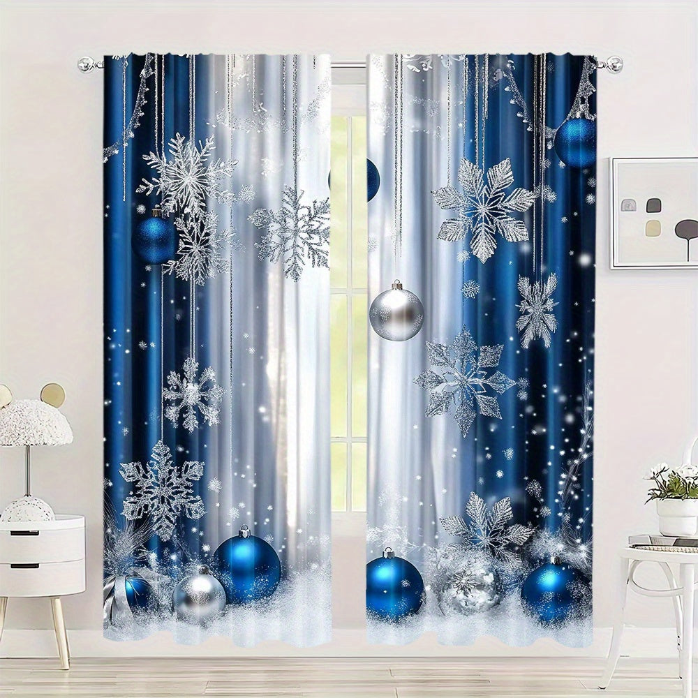 Blue Festive Curtain Set Includes 2 Polyester Digital Printed Rod Pocket Drapes for Living Room Kitchen Dining