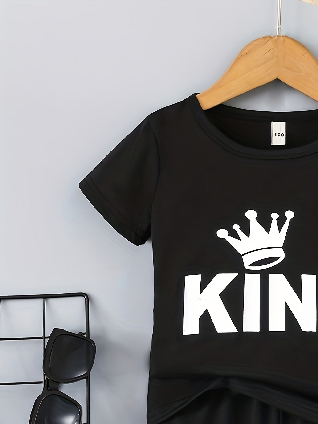 Boys' Casual Outfit Set Black "KING" Crown Print Polyester T-Shirt Shorts Crossbody Bag Spring Summer