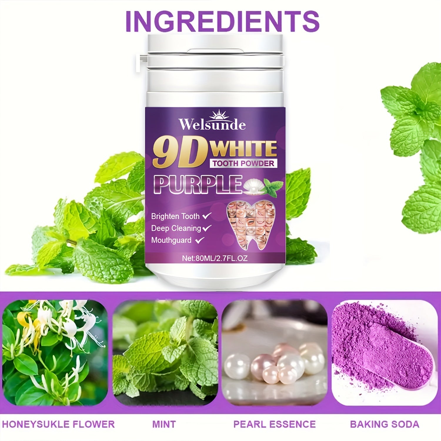 Purple Tooth Powder for Men and Women Deep Clean Fresh Breath Travel Convenience