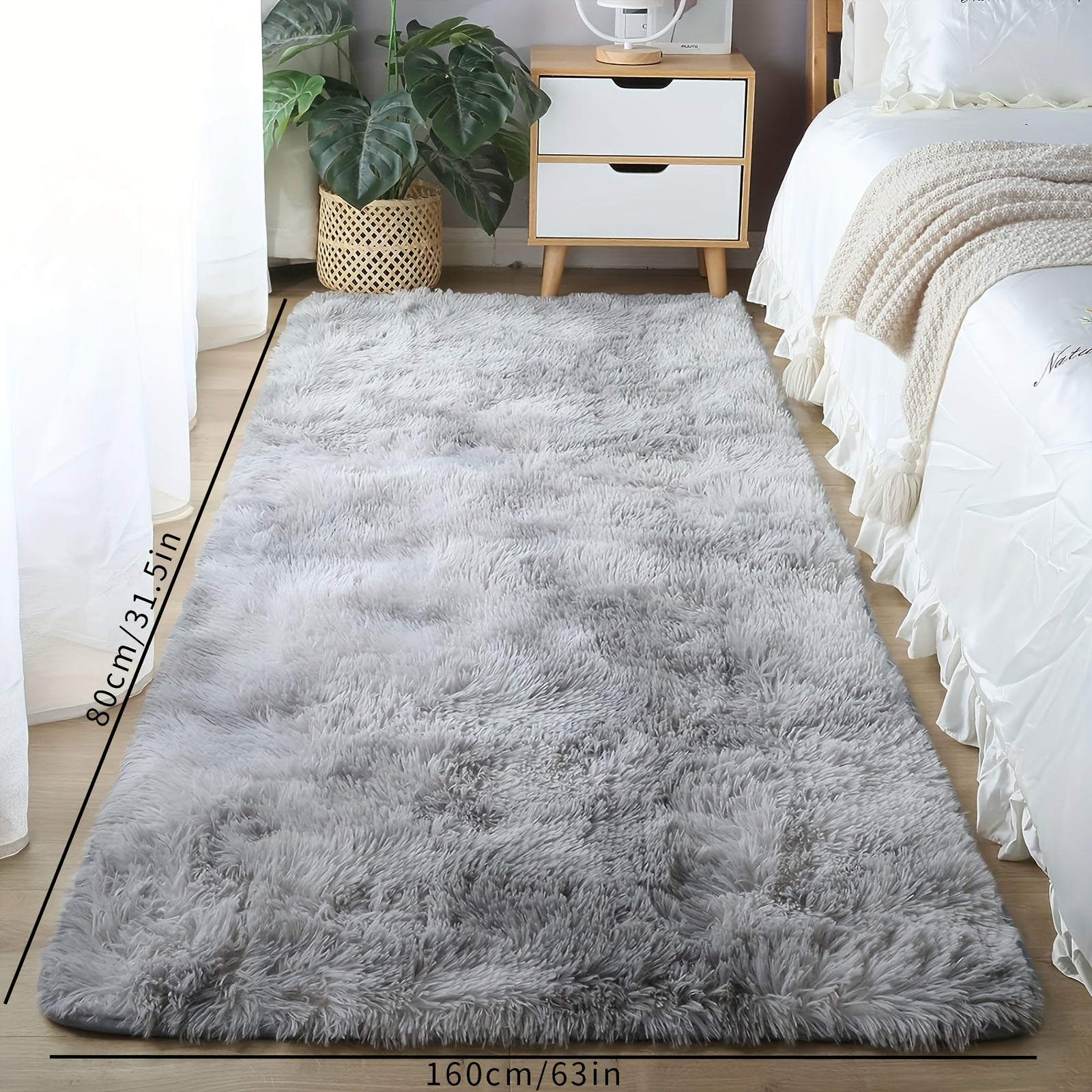 Alfombra de área shaggy gris claro de 160cm x 80cm, lavable a máquina, poliéster para dormitorio y sala de estar