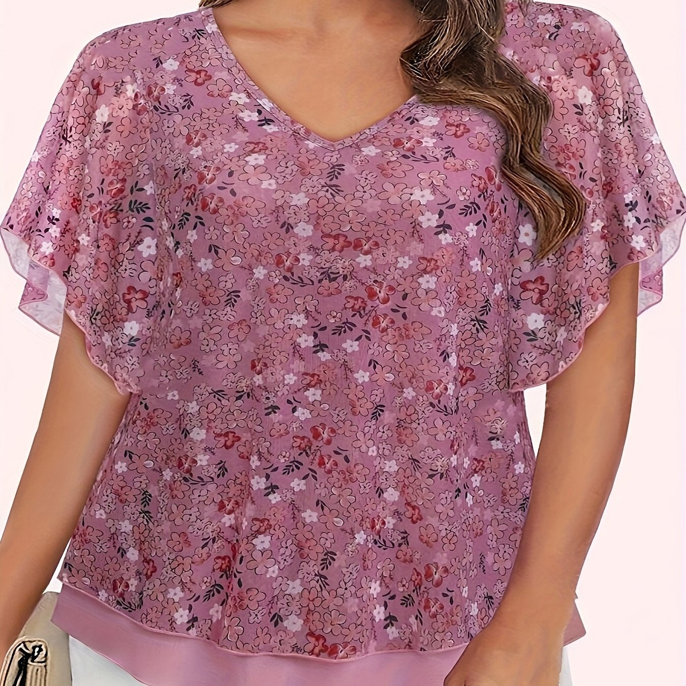 Plus-Size Floral Mesh V-Neck Shirt for Curvy Women Flutter Sleeves