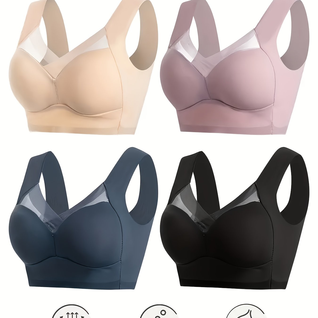 Women's Seamless Wireless Bras Set of 4 Solid Colors V-Neck Stretch Fabric